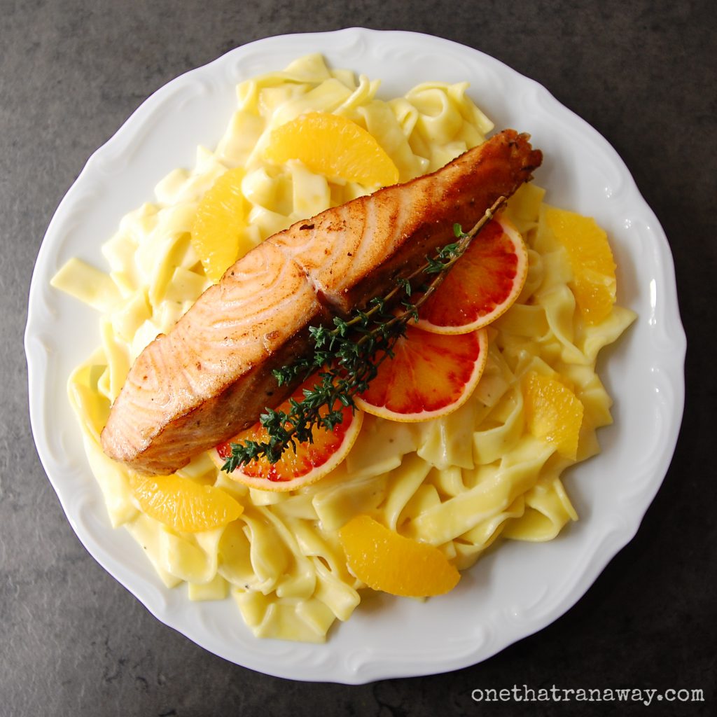 orange and thyme flavoured pasta with crispy salmon