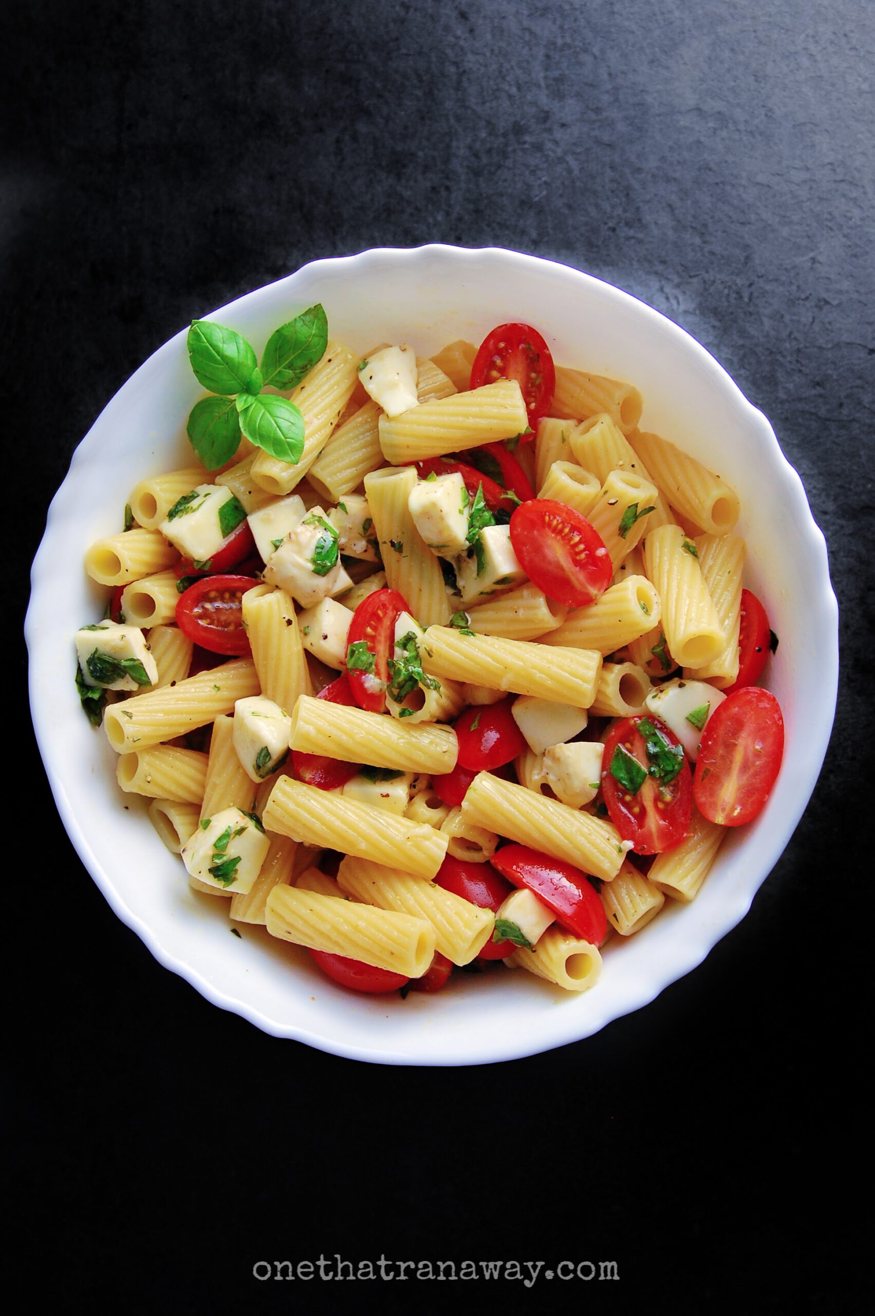 a bowl with pasta, cherry tomatoes, mozzarella and basil