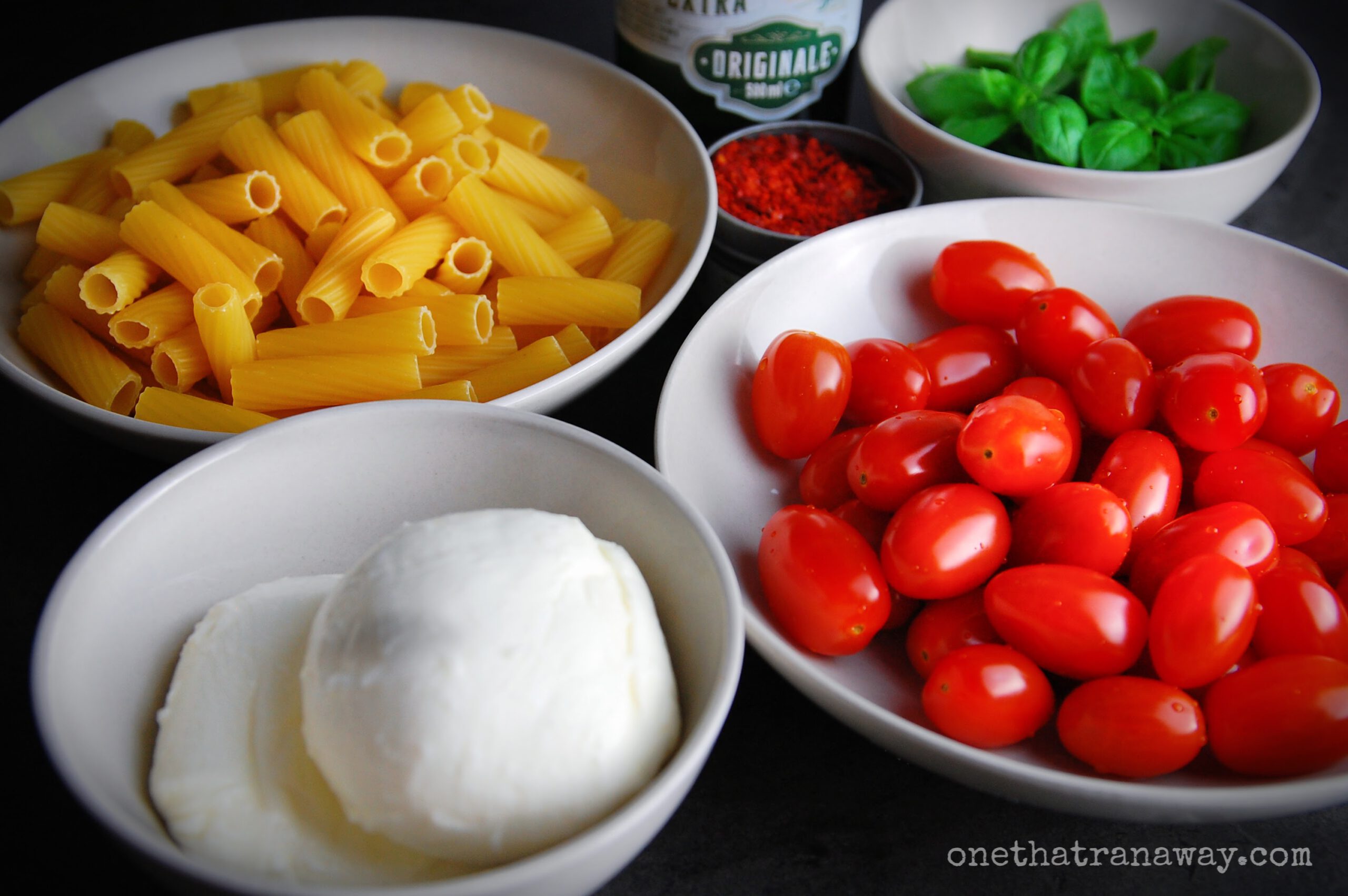 ingredients for a simple and quick pasta caprese
