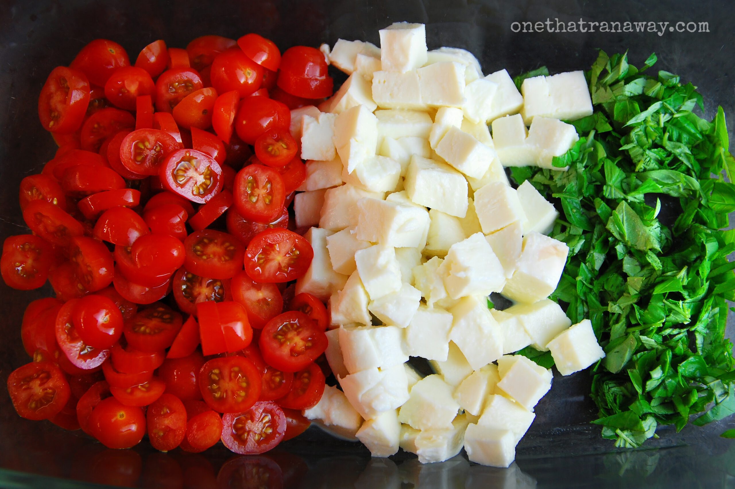 cherry tomato slices, mozzarella cubes and basil
